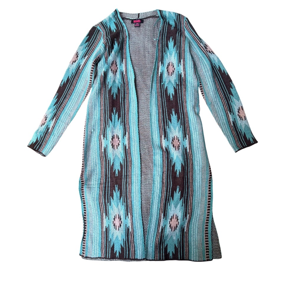 Rock and Roll Denim Aztec Longline Cardigan Duster Turquoise Brown Womens Medium